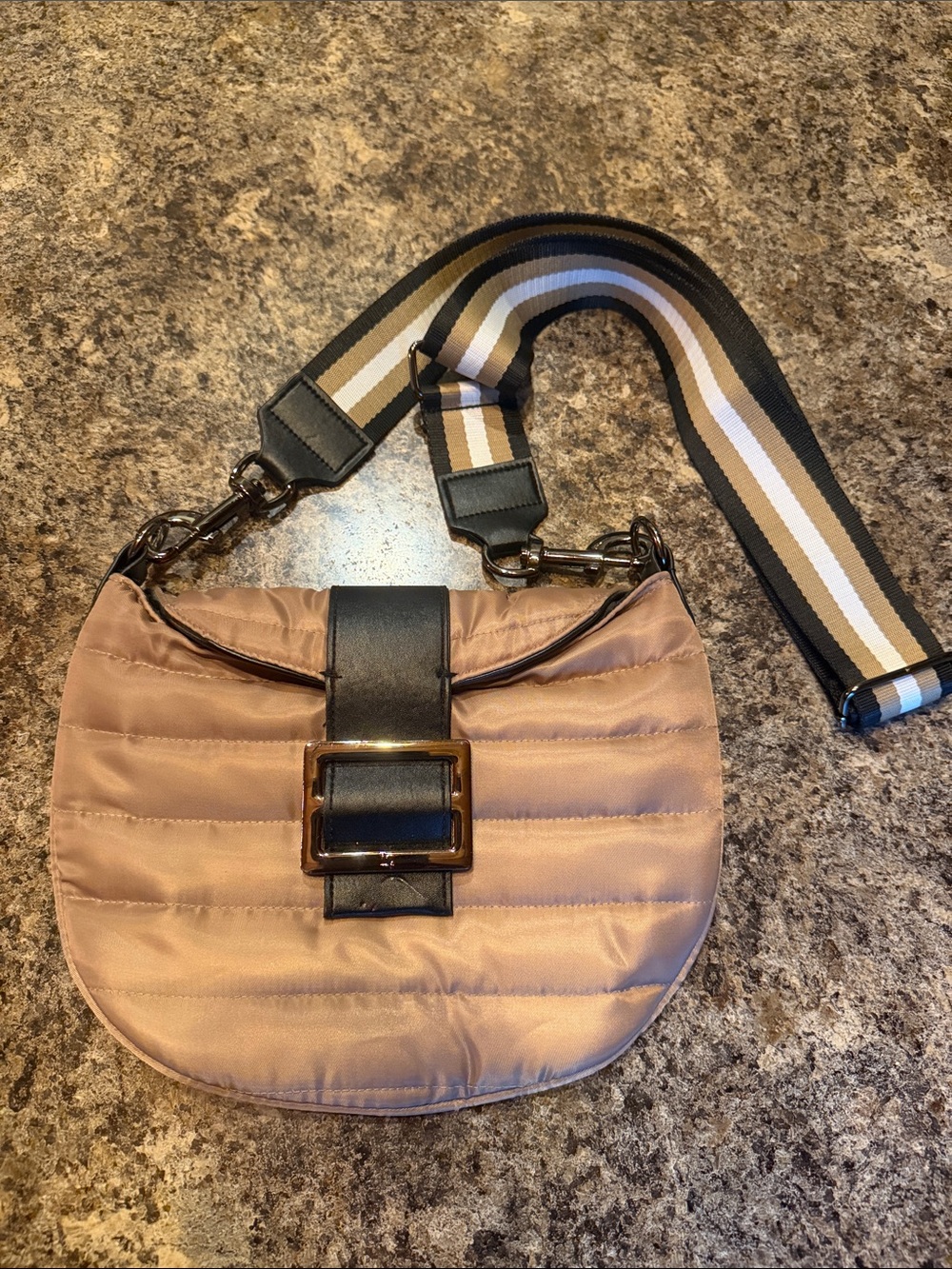 Think Royln - Quilted Taupe Crossbody Bag with Striped Strap